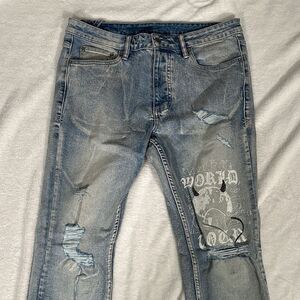 Ksubi Distressed Blue Jeans with Graphic Punk Devil Design! Size 32”